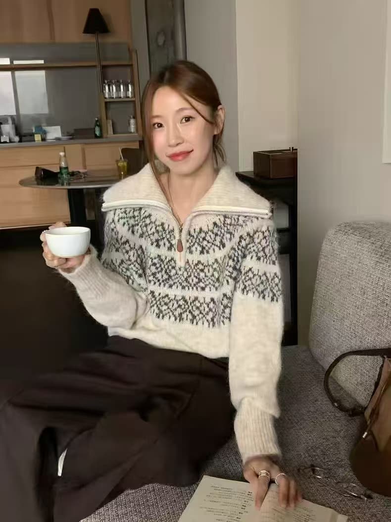 한 부서 레트로 터틀넥 공정한 섬 자카드 폴로 칼라 보온 지퍼 스웨터 오픈 가디건 여성 가을 슬림해 보이는 외출용
