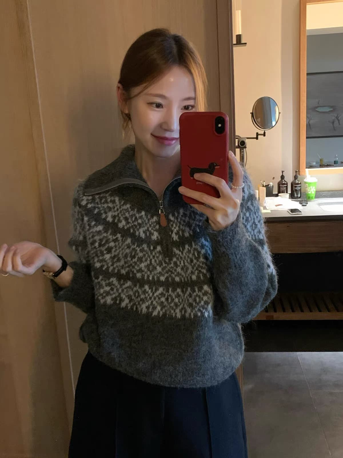 한 부서 레트로 터틀넥 공정한 섬 자카드 폴로 칼라 보온 지퍼 스웨터 오픈 가디건 여성 가을 슬림해 보이는 외출용 상세 이미지 3