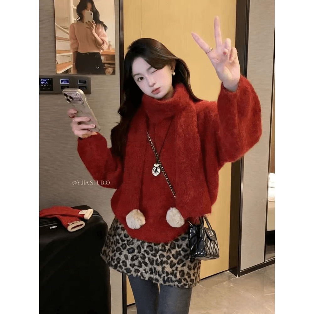 아름다움 라드. 커피 색상 느긋한 바람 부드러운 찹쌀 스웨터 스카프 두 조각 여성 세트 가을 겨울 고급 센스 외출용 니트 스웨터 맨위 이미지 5