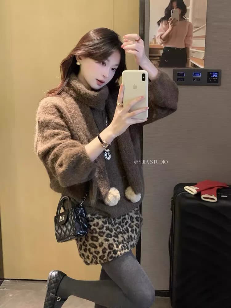 아름다움 라드. 커피 색상 느긋한 바람 부드러운 찹쌀 스웨터 스카프 두 조각 여성 세트 가을 겨울 고급 센스 외출용 니트 스웨터 맨위 상세 이미지 1