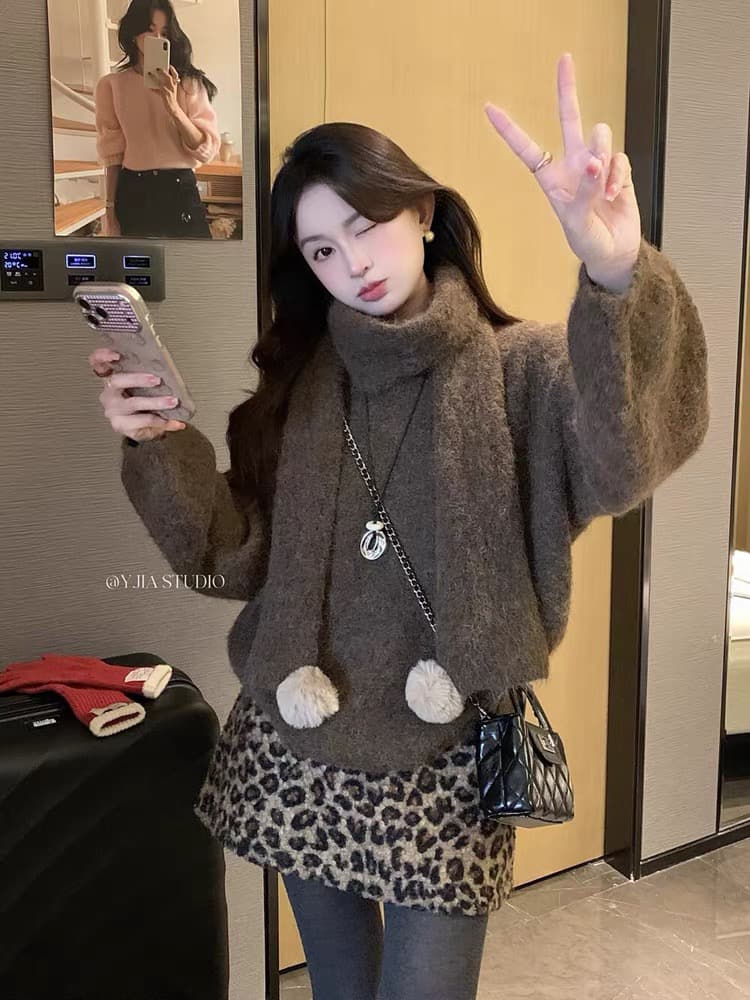 아름다움 라드. 커피 색상 느긋한 바람 부드러운 찹쌀 스웨터 스카프 두 조각 여성 세트 가을 겨울 고급 센스 외출용 니트 스웨터 맨위 상세 이미지 2