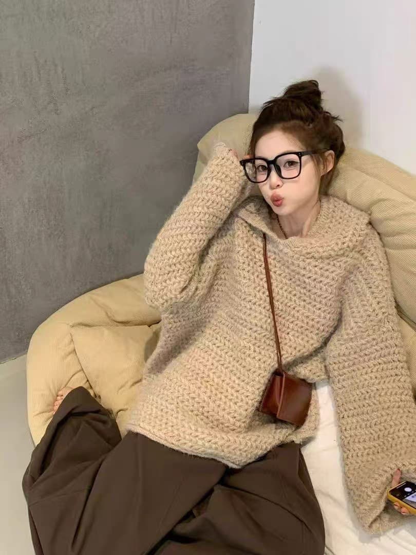 한 부서 레트로 후드 니트 스웨터 여성 가을 겨울 새로운 느긋한 바람 패션 다용도 루즈핏 슬림해 보이는 풀오버 상세 이미지 2
