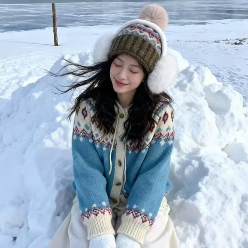 한 부서 공정한 섬 바람 후드 니트 오픈 가디건 여성 겨울 레트로 느긋한 바람 파란색 스웨터 코트 고급 센스 상세 이미지 9
