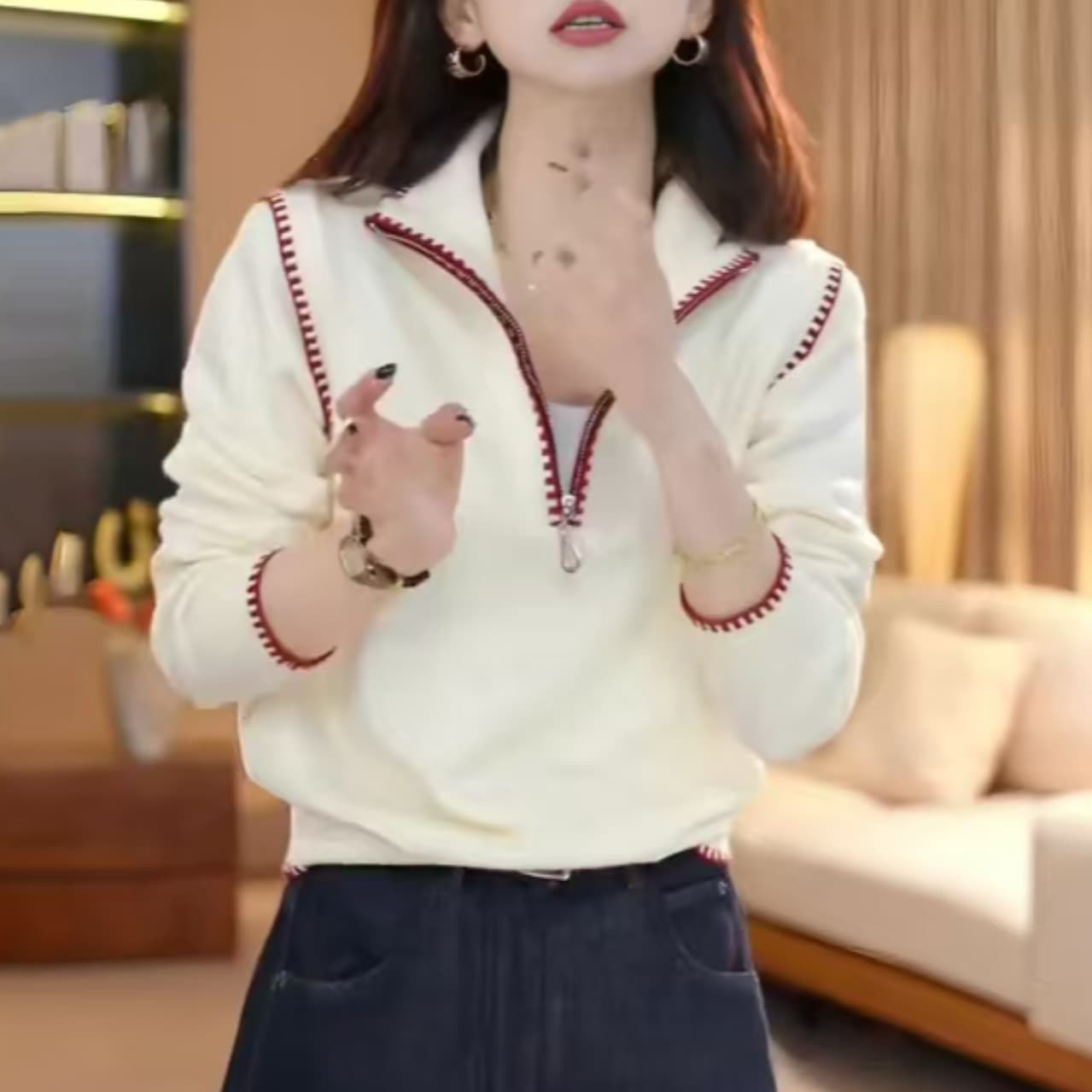 디자인 센스 배색 스탠드 칼라 하프 지퍼 니트 스웨터 여성 가을 겨울 새로운 한국 스타일 다용도 기본 셔츠 몸매 가꾸기 맨위 이미지 5
