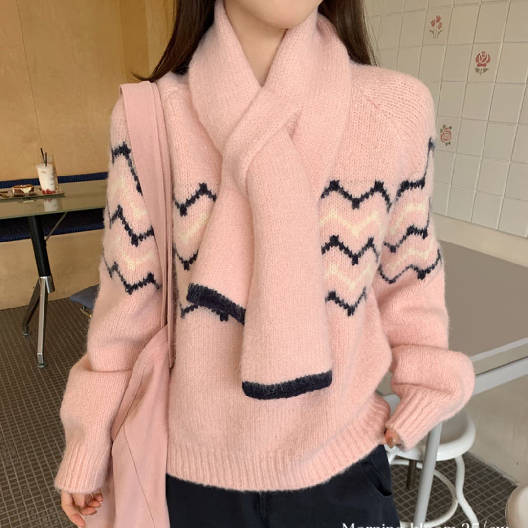 한 부서 레트로 자카드 배색 디자인 분위기 센스 느긋한 루즈핏 슬림해 보이는 다용도 라운드 넥 풀오버 스카프 여성