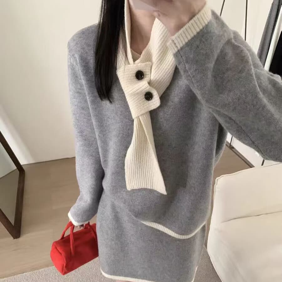 한 부서 착용 가져 가라. 세트 여성 가을 겨울 자이언트 잘 생긴 전체 집합 긴팔 목도리 스웨터 니트 미니 스커트 3종 세트 상세 이미지 2