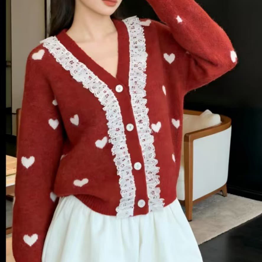 한 부서 부드러운 바람 레이스 조각 니트 V넥 오픈 가디건 잘 생긴 자카드 하트 봄 가을 스웨터 코트 슬림해 보이는 이미지 3