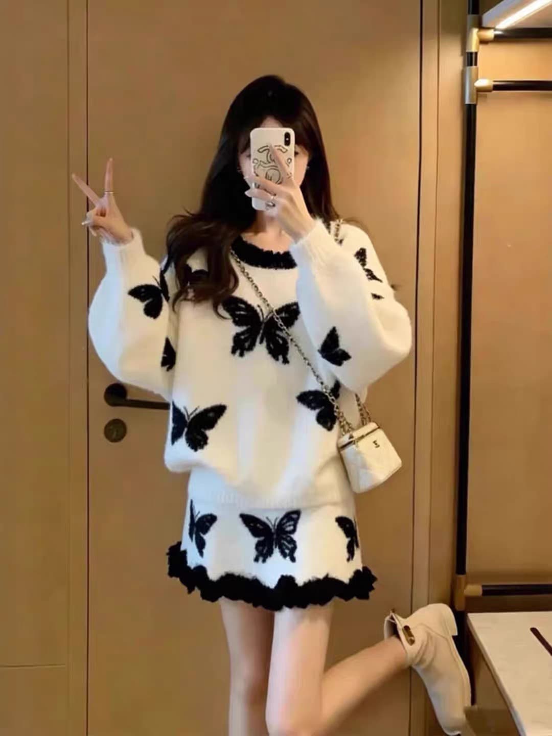 한 부서 느긋한 바람 품격 달콤함 나비 레이스 스웨터 미니 스커트 여성 의류 2026 새로운 프랑스식 아름다운 세트 드레스