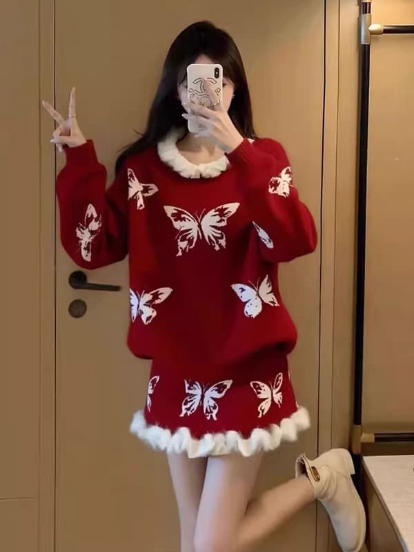 한 부서 느긋한 바람 품격 달콤함 나비 레이스 스웨터 미니 스커트 여성 의류 2026 새로운 프랑스식 아름다운 세트 드레스 이미지 3