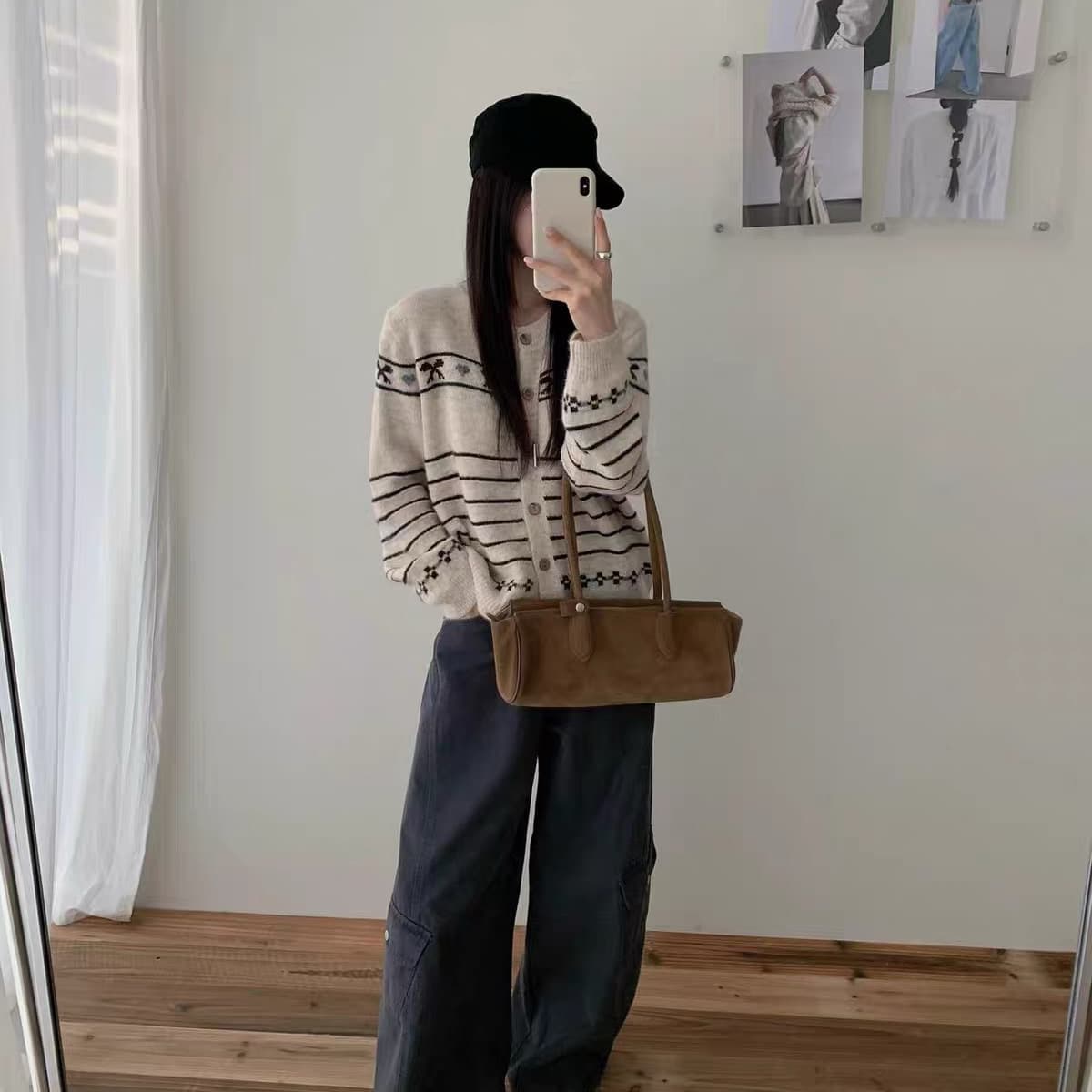 한 부서 레트로 스트라이프 나비 매듭 자카드 오픈 가디건 여성 라운드 넥 나무 버클 부드러운 찹쌀 스트라이프 루즈핏 부드러운 니트 재킷 상세 이미지 4