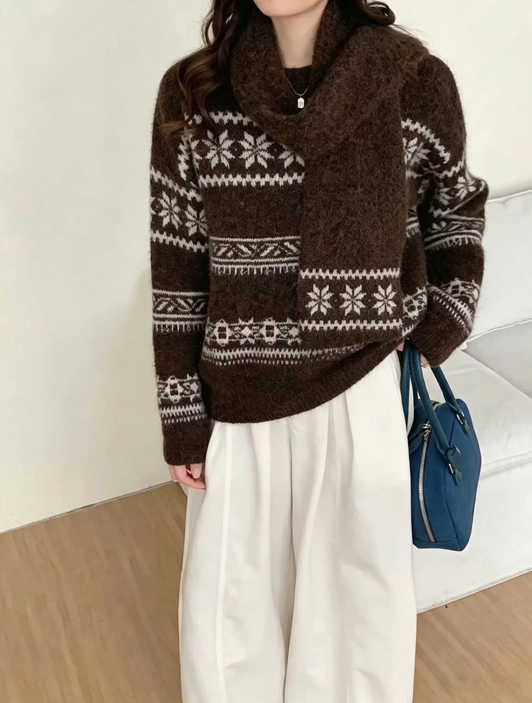 한 부서 새로운 패션 디자인 센스 라운드 넥 레트로 자카드 패치워크 색상 부드러운 찹쌀 니트 스웨터 여성 벨트 스카프 만나는 트렌디 상세 이미지 2