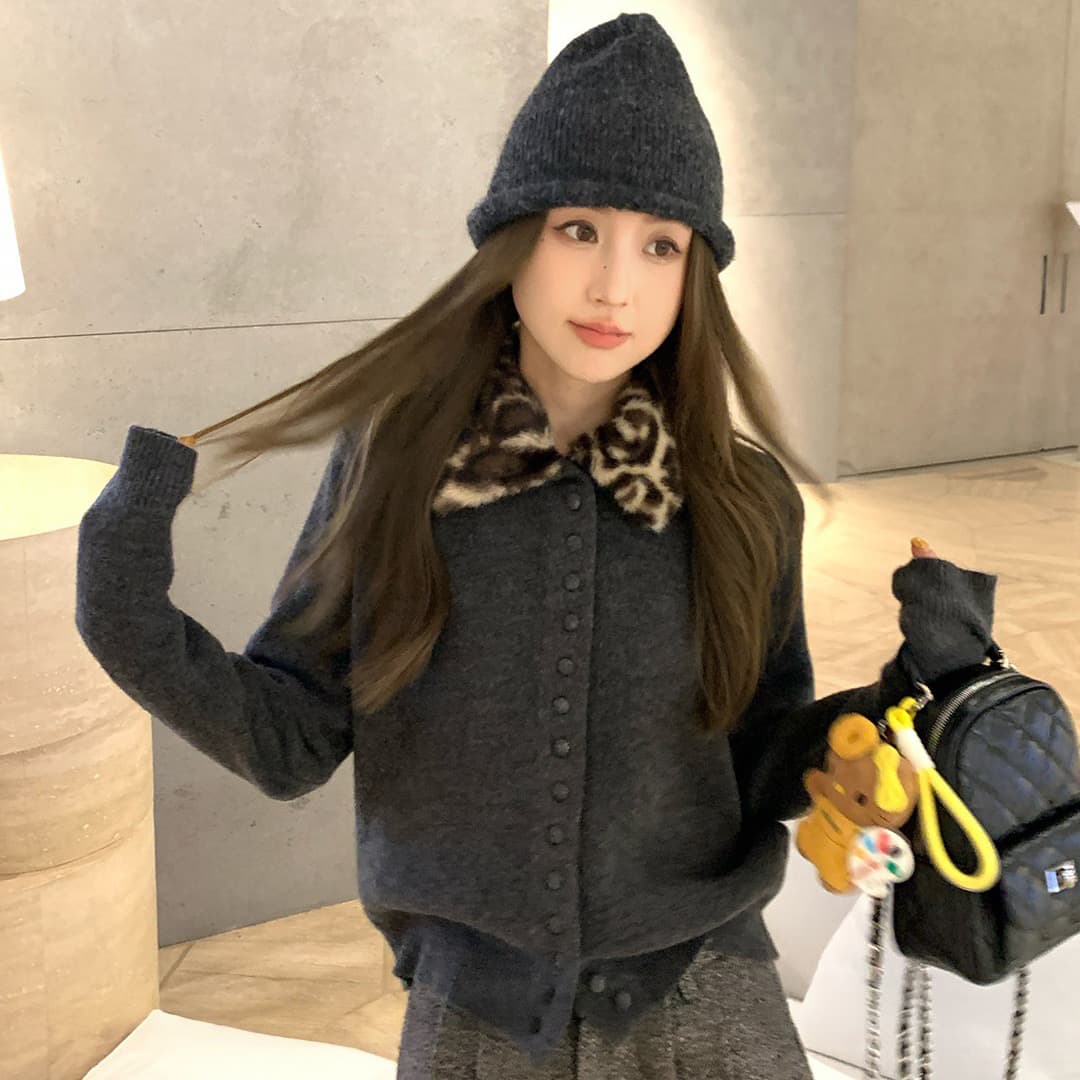 한 부서 레오파드 무늬 레트로 폴로 칼라 긴팔 스웨터 여성 코트 디자인 센스 캐주얼 루즈핏 느긋한 슬림해 보이는 오픈 가디건 맨위 상세 이미지 3