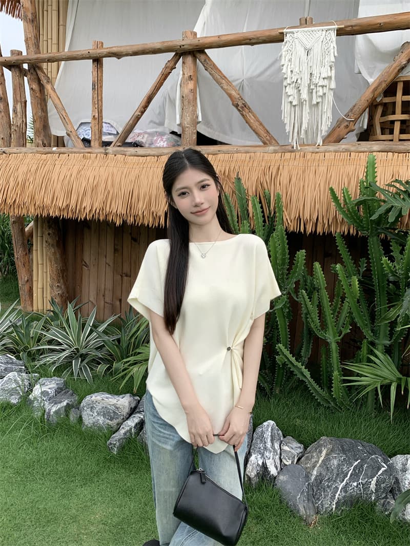 실사 루즈핏 비스듬한 어깨 배트윙 소매 니트 티셔츠 여성 부드러운 찹쌀 느긋한 센스 허리 수축 디자인 슬림해 보이는 불규칙 맨위 상세 이미지 13