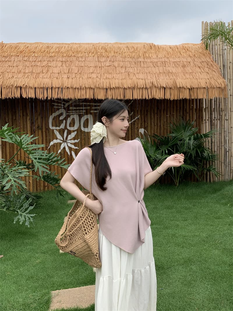 실사 루즈핏 비스듬한 어깨 배트윙 소매 니트 티셔츠 여성 부드러운 찹쌀 느긋한 센스 허리 수축 디자인 슬림해 보이는 불규칙 맨위 상세 이미지 46