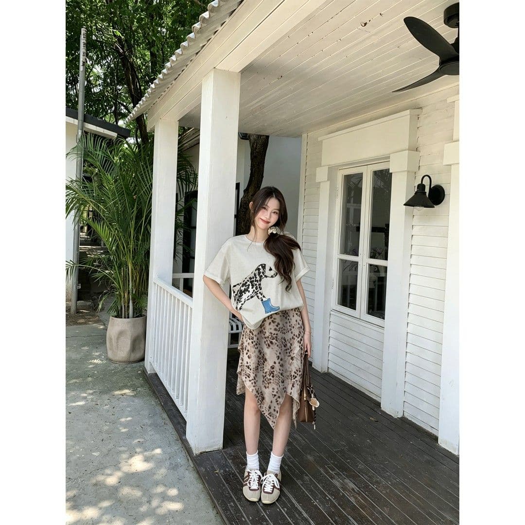 성분 65 면 35 폴리에스터 여름 새로운 한국 스타일 루즈핏 슬림해 보이는 스팟 강아지 프린트 티셔츠 맨위 여성 이미지 3