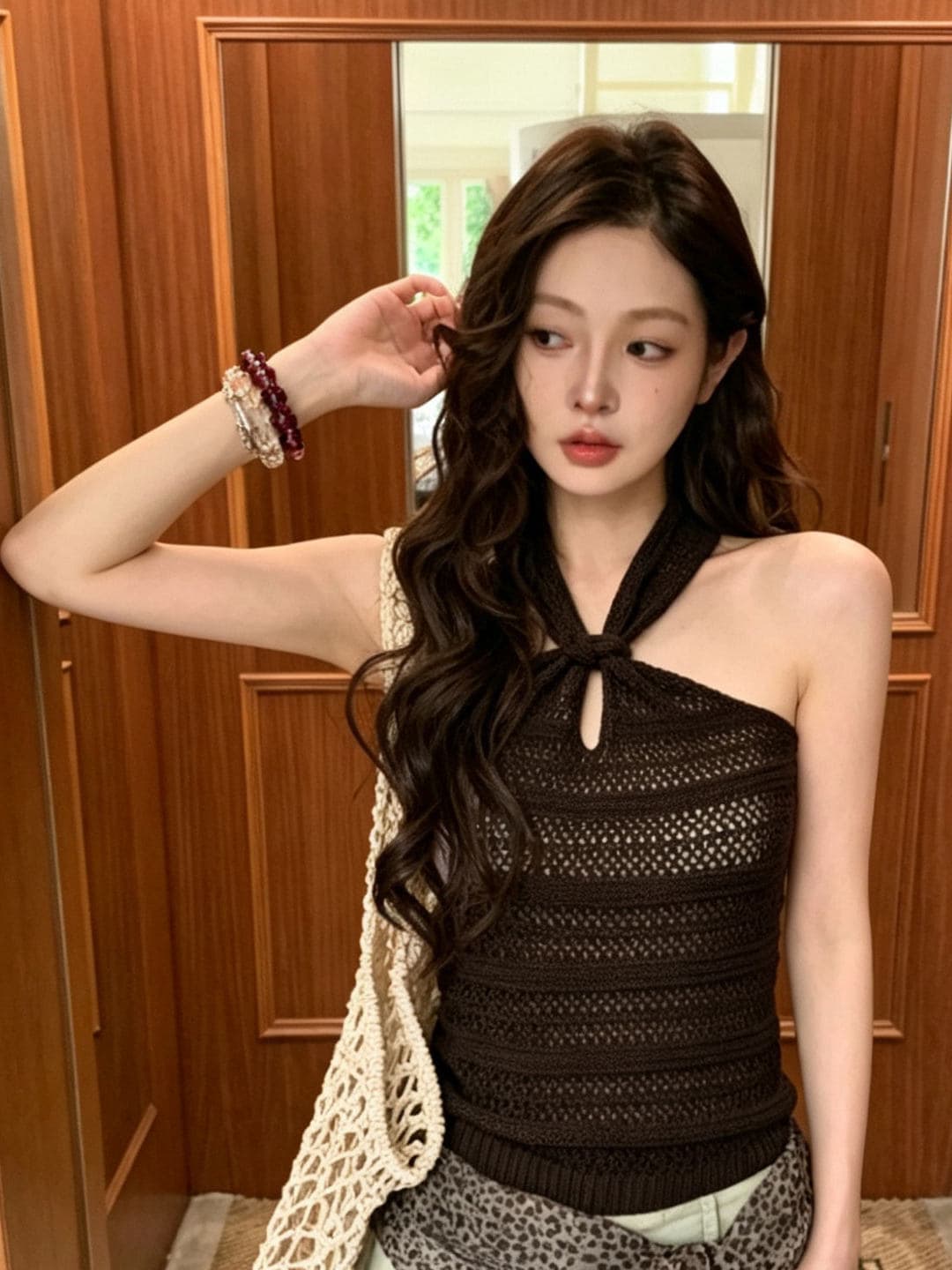 성분 88 접착제 12 나일론 새로운 순수한 욕망 바람 홀로우 아웃 행침 목 니트 조끼 여성 이미지 3