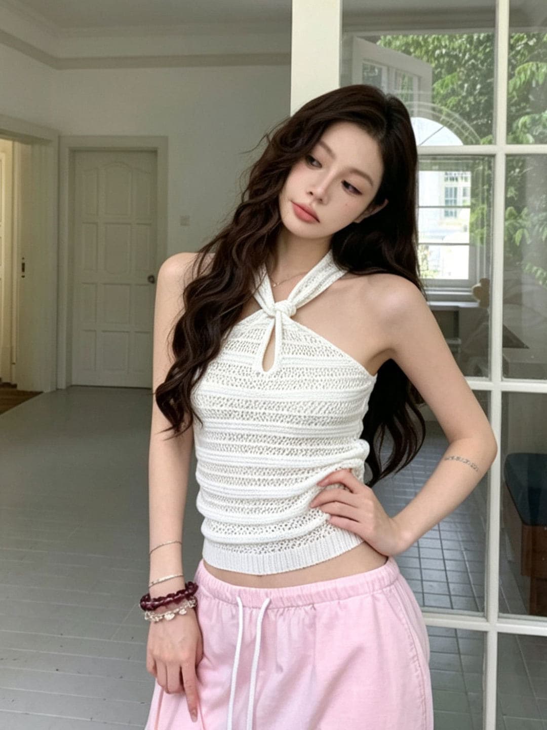 성분 88 접착제 12 나일론 새로운 순수한 욕망 바람 홀로우 아웃 행침 목 니트 조끼 여성 이미지 4