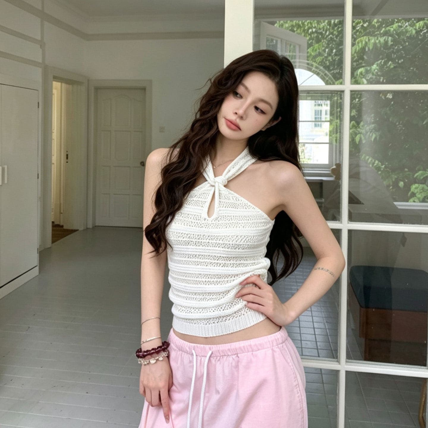 성분 88 접착제 12 나일론 새로운 순수한 욕망 바람 홀로우 아웃 행침 목 니트 조끼 여성 상세 이미지 2