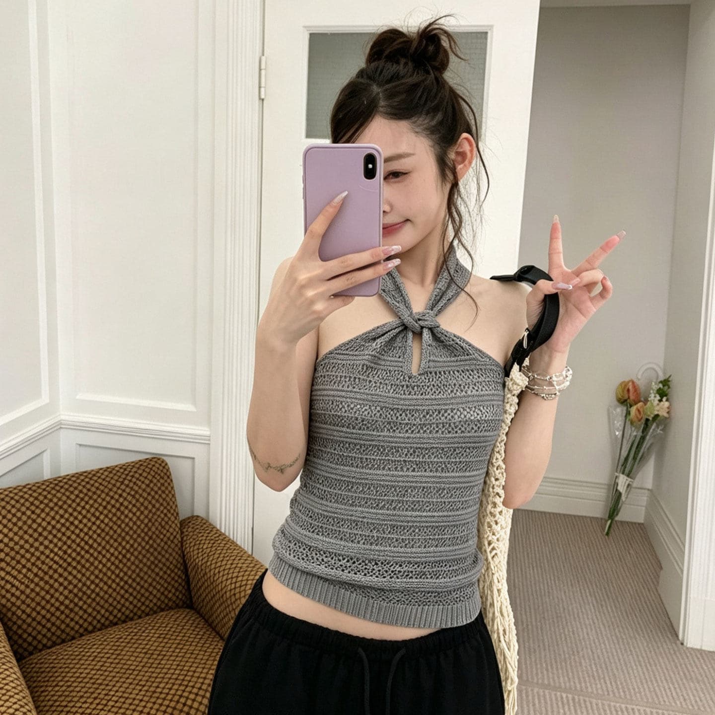 성분 88 접착제 12 나일론 새로운 순수한 욕망 바람 홀로우 아웃 행침 목 니트 조끼 여성 상세 이미지 6