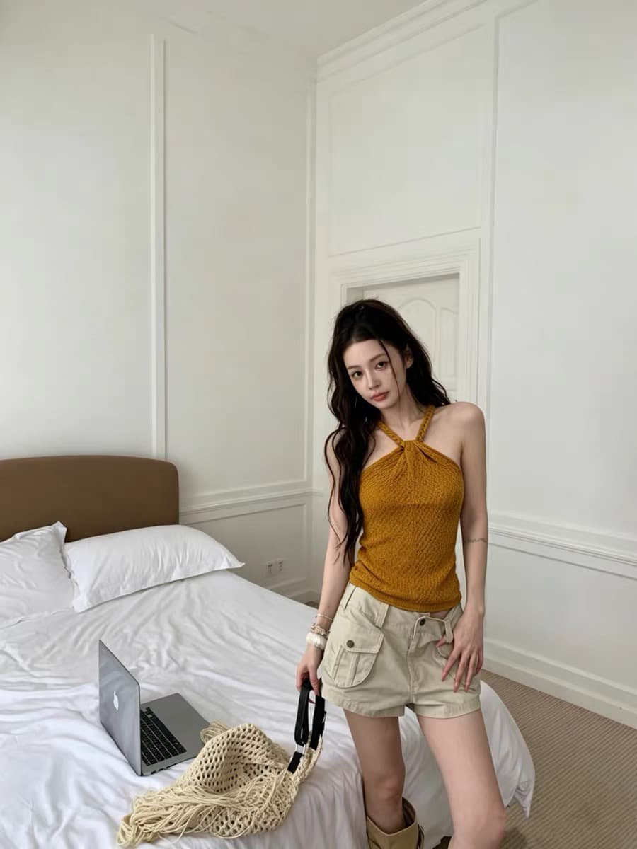 성분 88 접착제 12 나일론 여름 순수한 욕망 바람 홀로우 아웃 행침 목 조끼 여성 슬림해 보이는 다용도 쇼트 스타일 민소매 상세 이미지 4