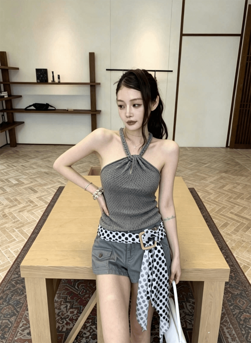 성분 88 접착제 12 나일론 여름 순수한 욕망 바람 홀로우 아웃 행침 목 조끼 여성 슬림해 보이는 다용도 쇼트 스타일 민소매 상세 이미지 8