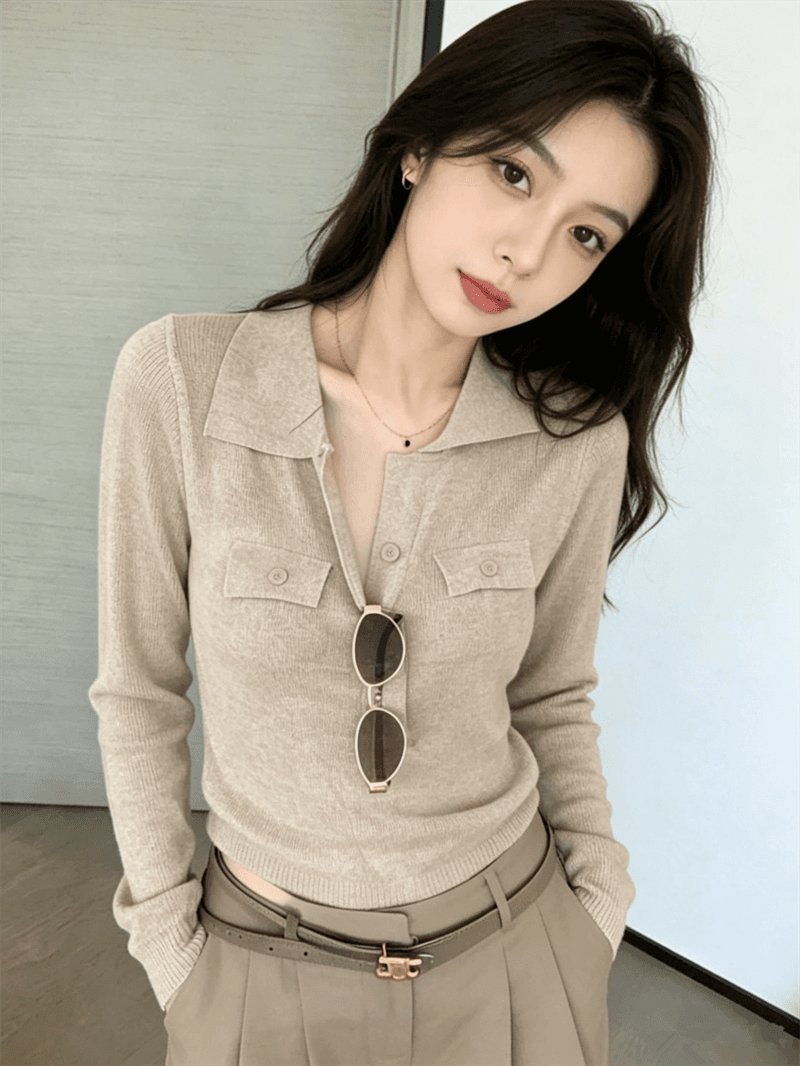 성분 15 아마 85 아크릴 이른 가을 새로운 레트로 폴로 칼라 몸매 가꾸기 길다 소매 위버 상세 이미지 1