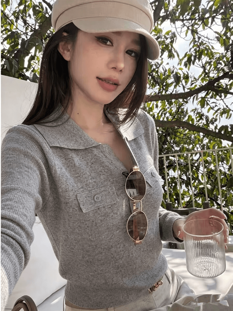 성분 15 아마 85 아크릴 이른 가을 새로운 레트로 폴로 칼라 몸매 가꾸기 길다 소매 위버 상세 이미지 2
