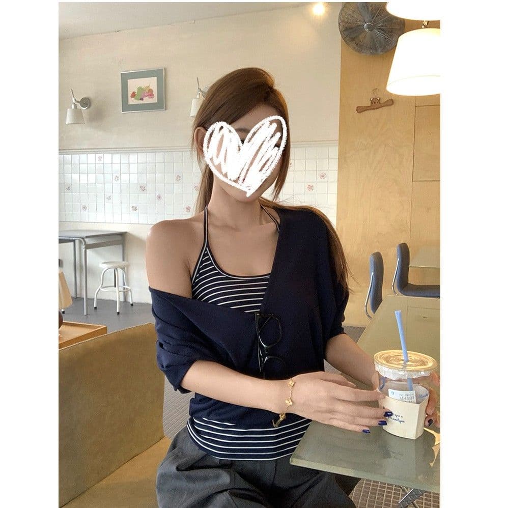 성분 46 사람들 면 46 면 8 암모니아 Lun 투피스 세트 V넥 반팔 티셔츠 여성 루즈핏 블라우스 중간 소매 맨위 이미지 4
