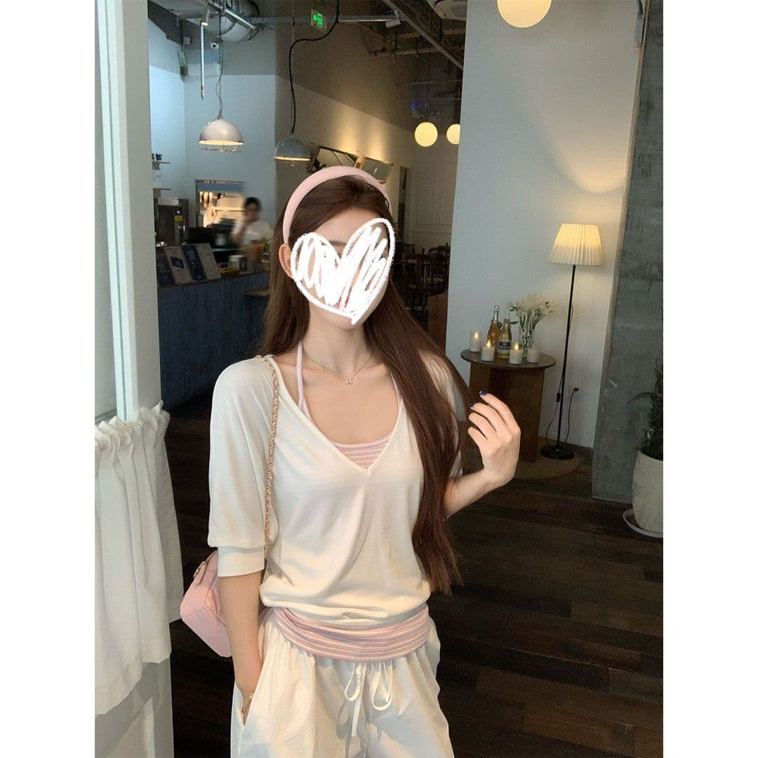 성분 46 사람들 면 46 면 8 암모니아 Lun 투피스 세트 V넥 반팔 티셔츠 여성 루즈핏 블라우스 중간 소매 맨위 상세 이미지 2