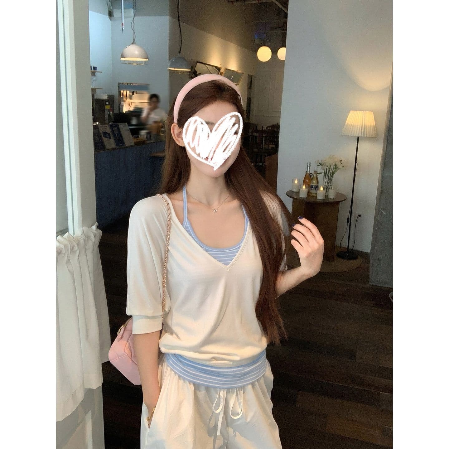 성분 46 사람들 면 46 면 8 암모니아 Lun 투피스 세트 V넥 반팔 티셔츠 여성 루즈핏 블라우스 중간 소매 맨위 상세 이미지 3