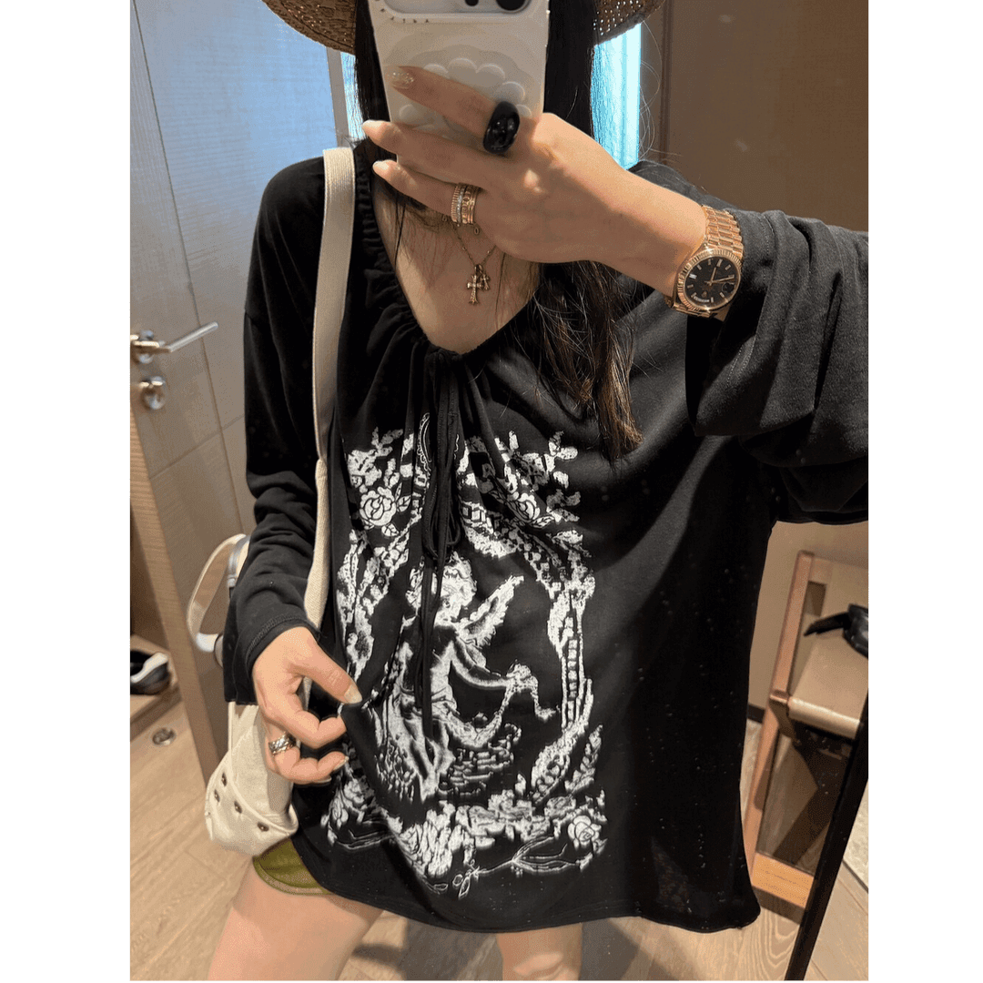 성분 65 면 35 폴리에스터 섬유 프린트 레이스업 대 u 칼라 캐주얼 느긋한 긴팔 티셔츠 여성 루즈핏 블라우스 상세 이미지 8