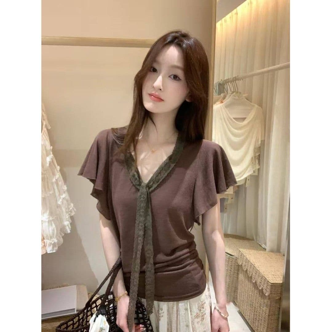 성분 65 면 35 폴리에스터 섬유 서있는 디스플레이 a4 허리 고대 조기 아름다움 절묘한 레이스 측면 스트랩 나비 매듭 작은 셔츠 상세 이미지 4