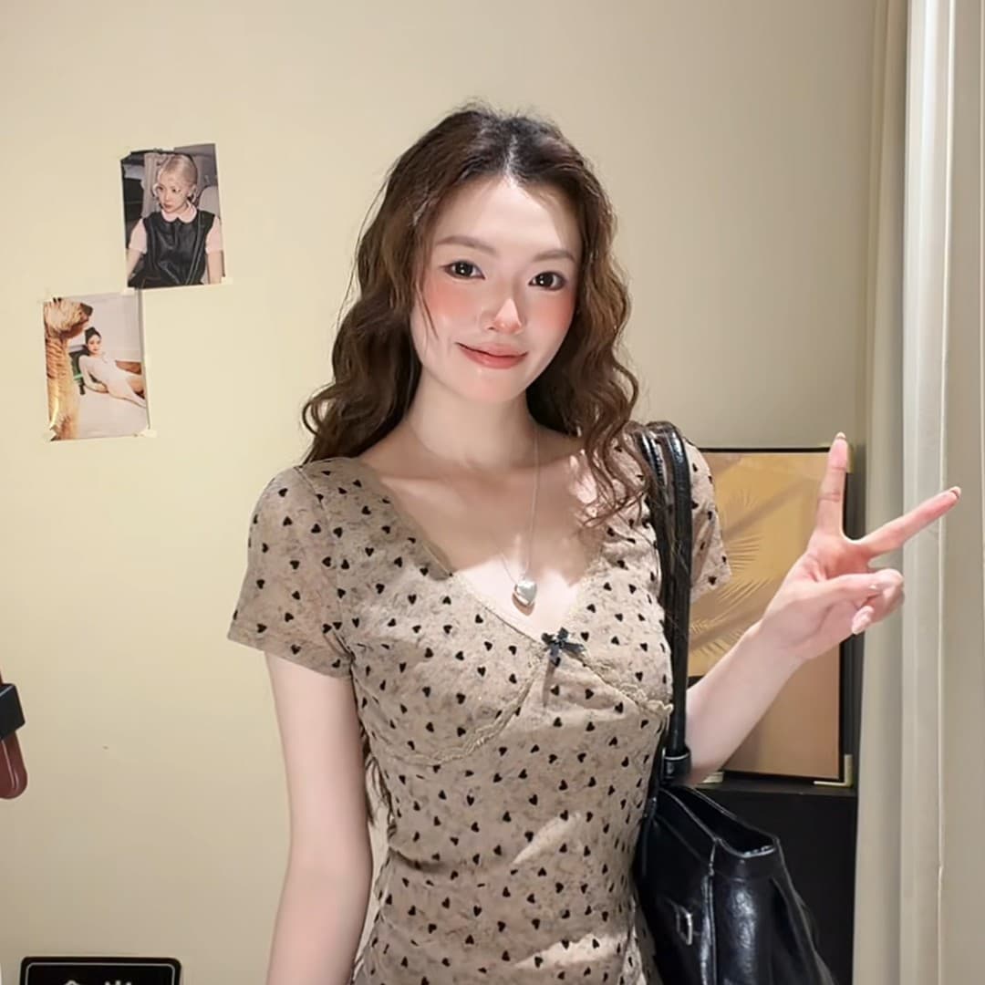 성분 94 나일론 6 암모니아 Lun 순수한 욕망 바람 쌀 회색 홀치기 염색 하트 프린트 반팔 티셔츠 상세 이미지 9