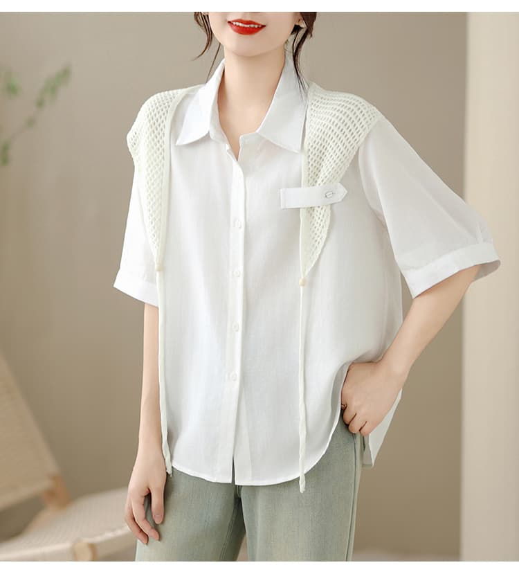 실사 POLO 칼라 반팔 면 린넨 여성 셔츠 2026 여름 빅 사이즈 지방 mm 고급 센스 프랑스식 숄 맨위 상세 이미지 9