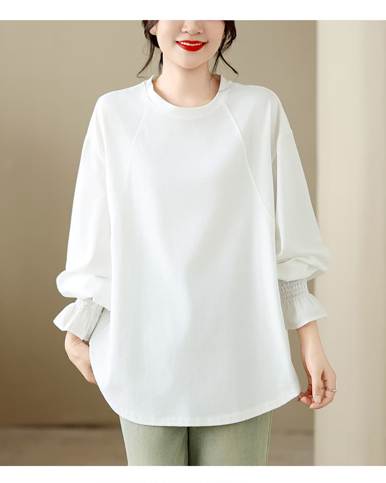 실사 벌룬 소매 단색 디자인 센스 티셔츠 여성 2026 가을 새로운 루즈핏 캐주얼 패치워크 긴팔 맨위 상세 이미지 13