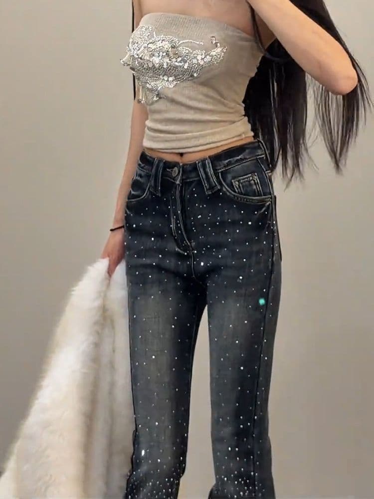 아메리칸 레트로 핫픽스 부츠컷 청바지 여성 루즈핏 슬림해 보이는 스트레이트 넓은 다리 바닥 청소 바지 이미지 4