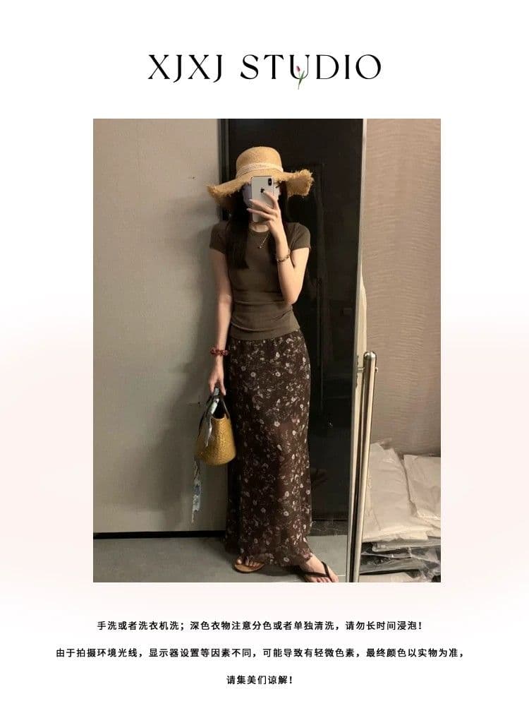 여름 허리밴드 도루 가을 센스 레트로 쉬폰 꽃무늬 반신 스커트 상세 이미지 1