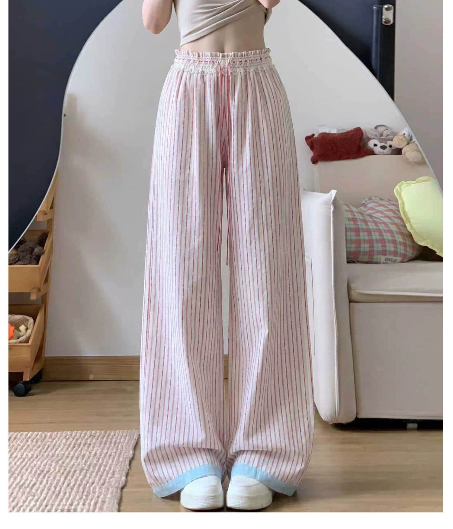 한 부서 디자인 센스 레이스 레이스 세로 줄무늬 캐주얼 바지 2026 여성 의류 여름 출퇴근 다용도 스트레이트 와이드 레그 팬츠 상세 이미지 11