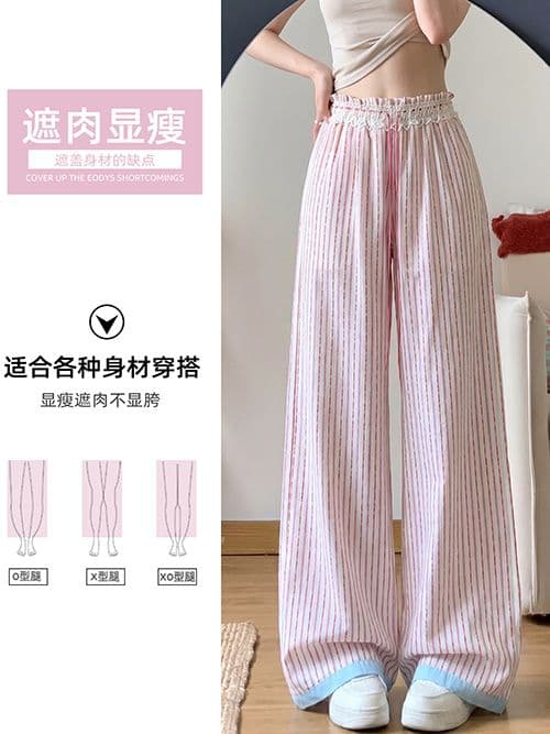 한 부서 디자인 센스 레이스 레이스 세로 줄무늬 캐주얼 바지 2026 여성 의류 여름 출퇴근 다용도 스트레이트 와이드 레그 팬츠 이미지 3