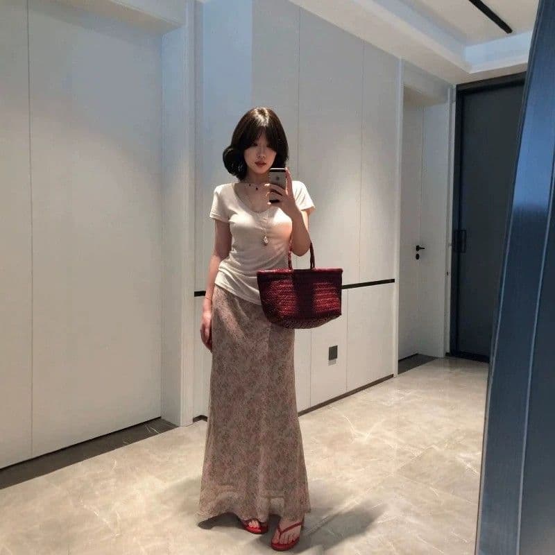 핑크색 꽃무늬 반신 스커트 여성 여름 새로운 쉬폰 다용도 슬림해 보이는 인어 꼬리 롱 스커트 이미지 5