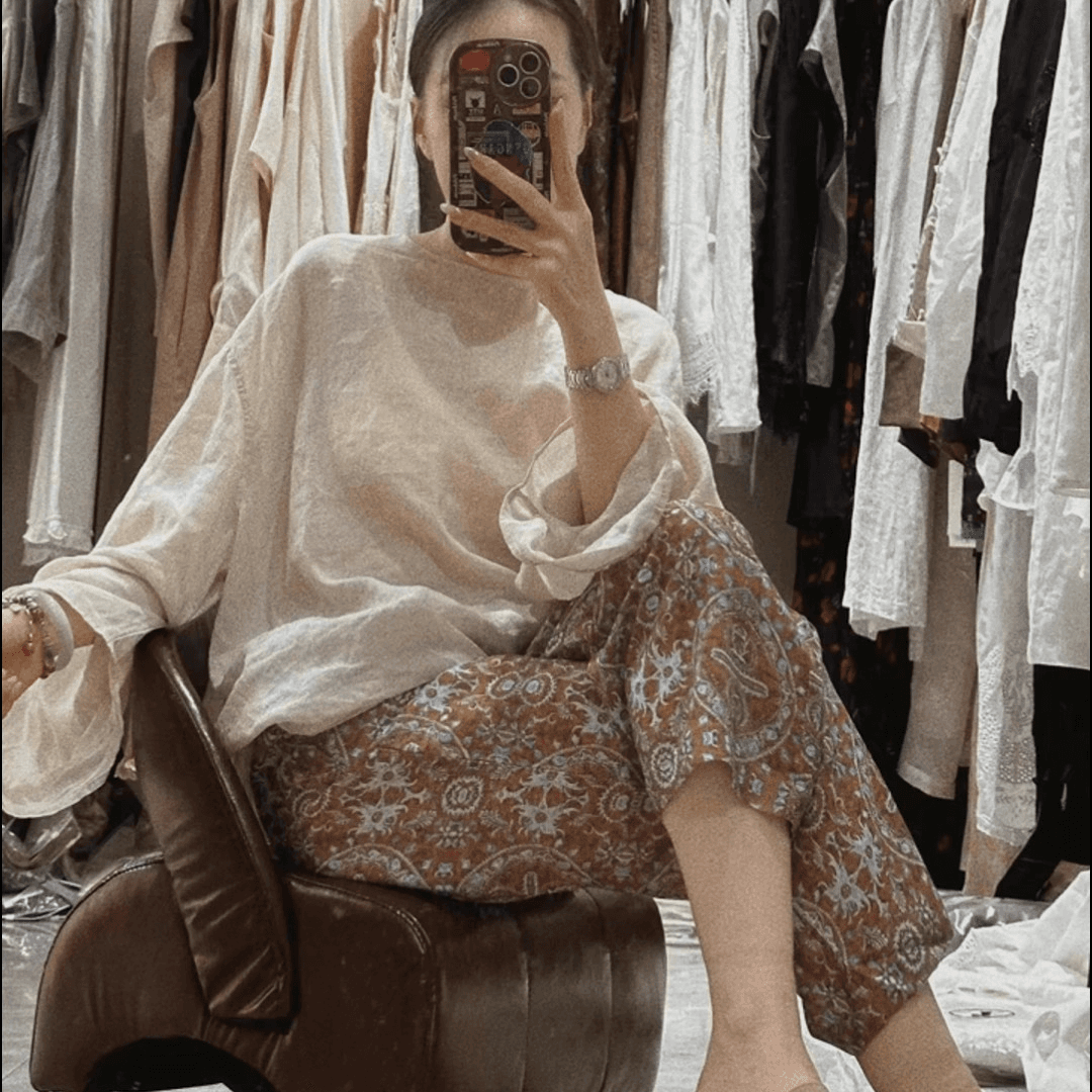 여름 새로운 작은 대중 디자인 허리밴드 다용도 레트로 꽃무늬 9부 바지 이미지 3