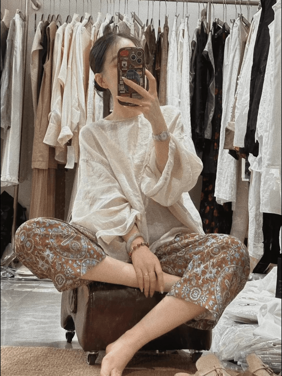 여름 새로운 작은 대중 디자인 허리밴드 다용도 레트로 꽃무늬 9부 바지 상세 이미지 3