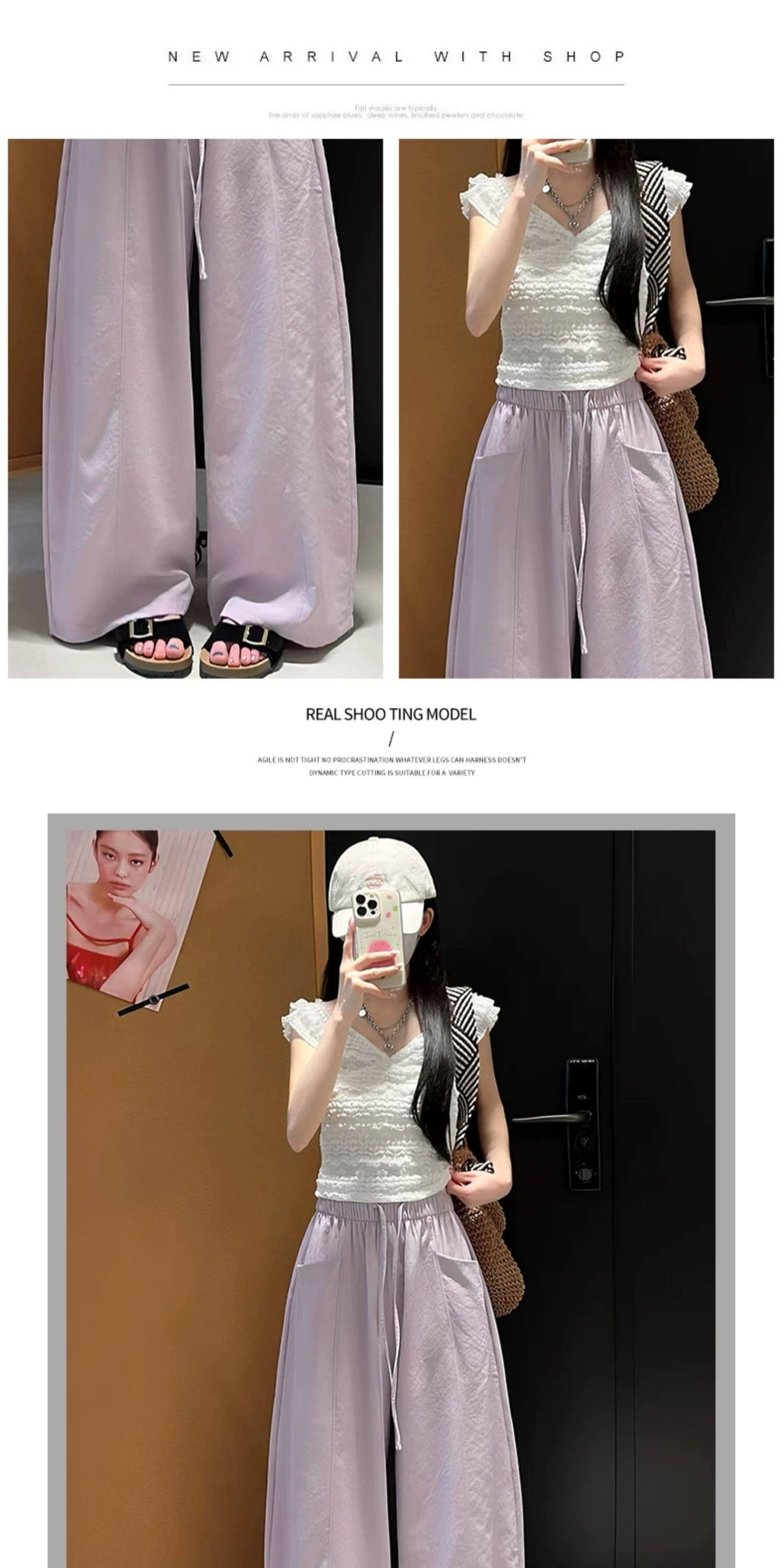 3 차원 허리 한 스타일 느긋한 바람 연한 자주색 와이드 레깅스 바지 여름 새로운 도루 센스 루즈핏 얼음 실크 캐주얼 바지 상세 이미지 13