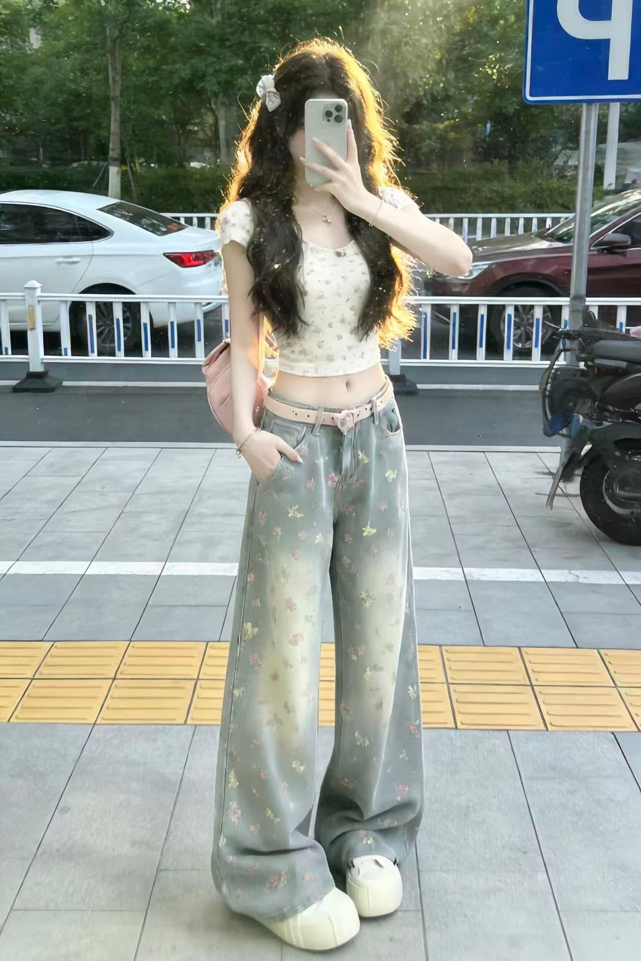 아메리칸 레트로 핫걸 청바지 여성 작은 대중 루즈핏 슬림해 보이는 스트레이트 넓은 다리 바닥 청소 바지