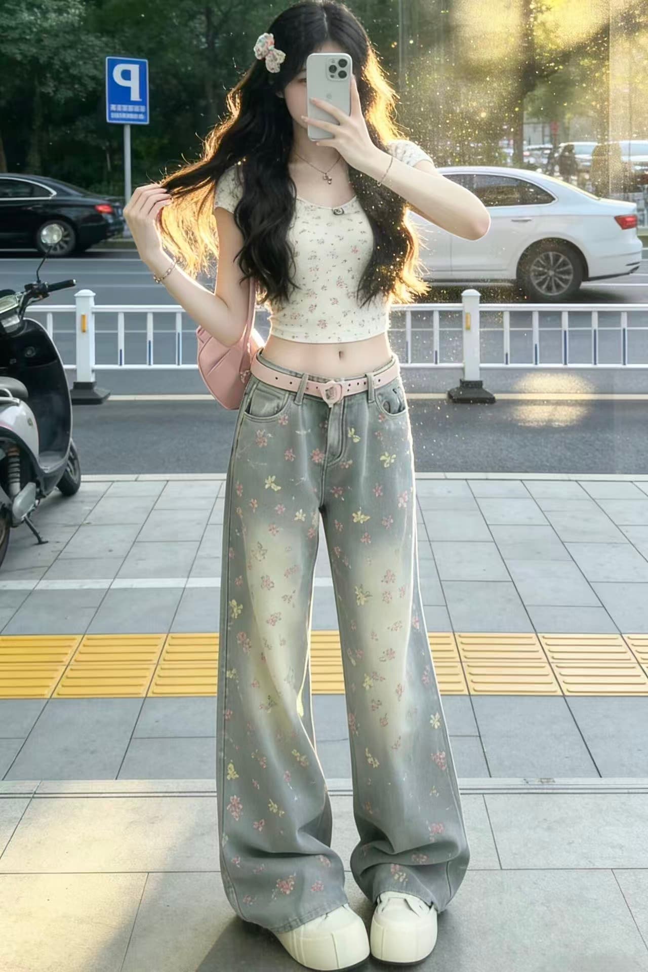 아메리칸 레트로 핫걸 청바지 여성 작은 대중 루즈핏 슬림해 보이는 스트레이트 넓은 다리 바닥 청소 바지 이미지 3