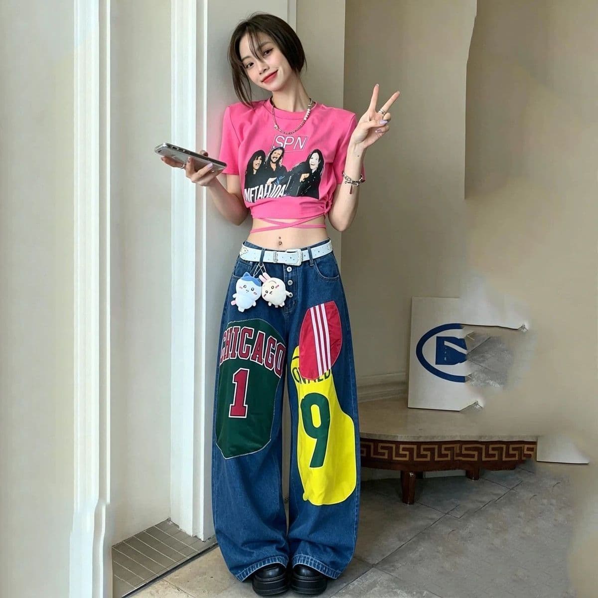 아메리칸 레트로 핫걸 청바지 여성 작은 대중 루즈핏 슬림해 보이는 스트레이트 넓은 다리 바닥 청소 바지