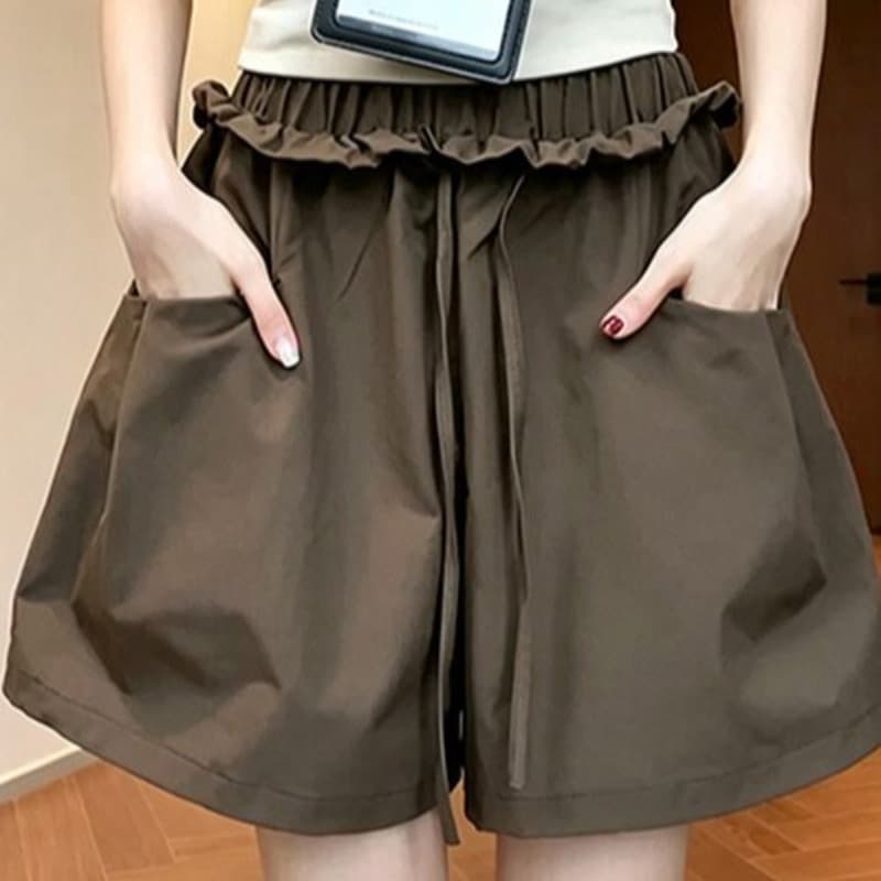 3 차원 허리 커피 색상 꽃밭 주름 허리 반바지 여름 하이웨이스트 루즈핏 느긋한 캐주얼 얇고 가벼운 3 점 넓은 다리 치마바지 이미지 5