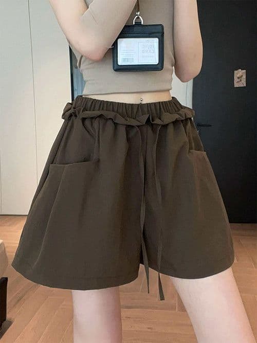 3 차원 허리 커피 색상 꽃밭 주름 허리 반바지 여름 하이웨이스트 루즈핏 느긋한 캐주얼 얇고 가벼운 3 점 넓은 다리 치마바지
