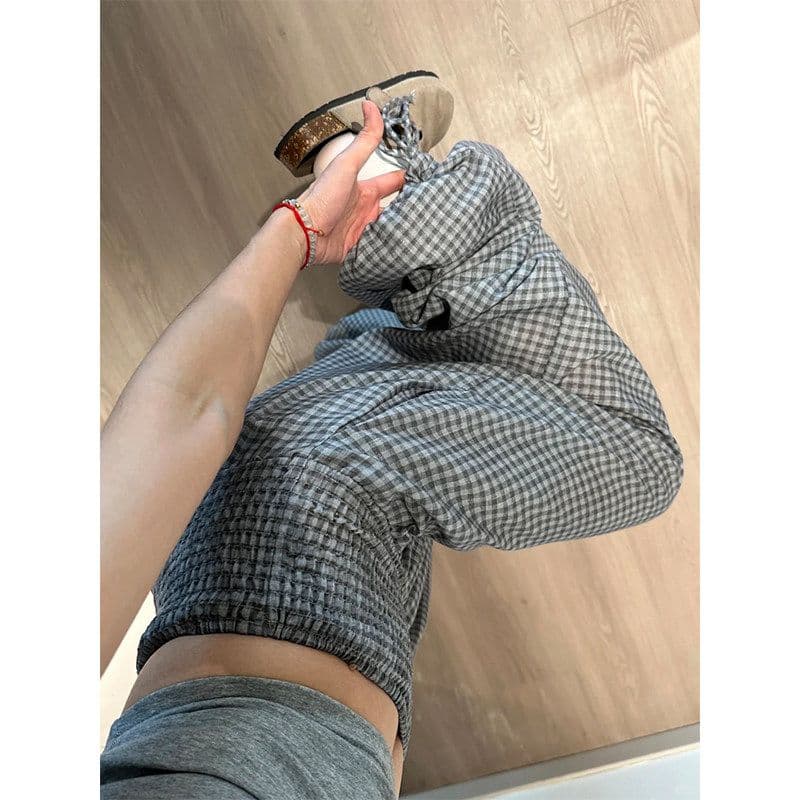회색 체크무늬 금액 센스 배기 바지 여성 여름 얇은 스타일 작은 키 루즈핏 조거 와이드 레그 팬츠 허리밴드 꽃밭 바지 이미지 3