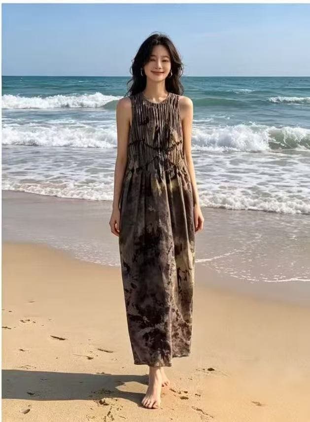 고급 센스 수묵화 홀치기 염색 민소매 조끼 스커트 여성 여름 얇은 스타일 주름 질감 휴가 바람 레트로 슬림해 보이는 롱 스커트 상세 이미지 3